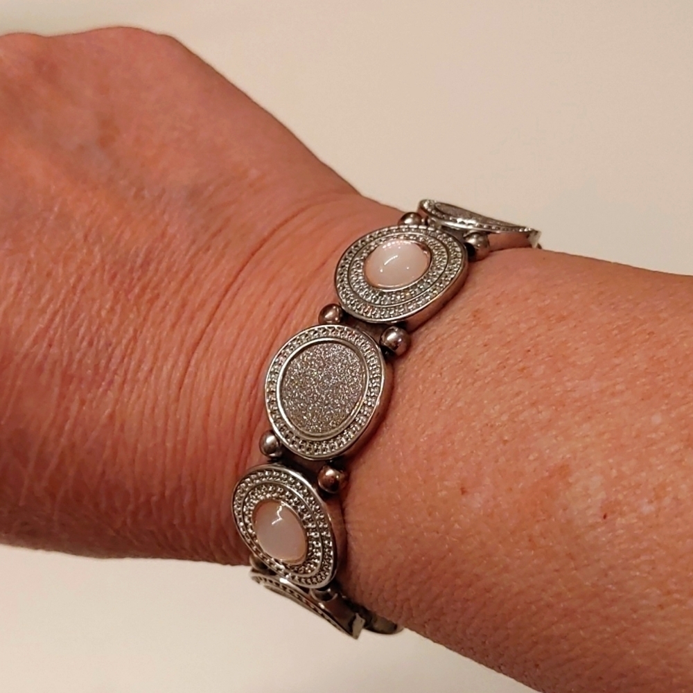 Silver tone Coin Bracelet with Pink Cat's Eye Stones